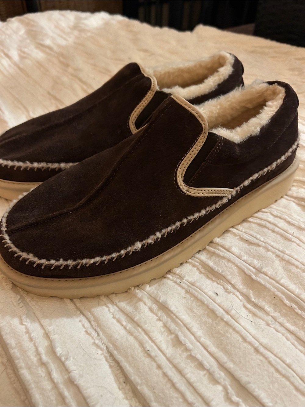UGG Men's Dark Brown Suede Slip-On Loafers with Cream Shearling